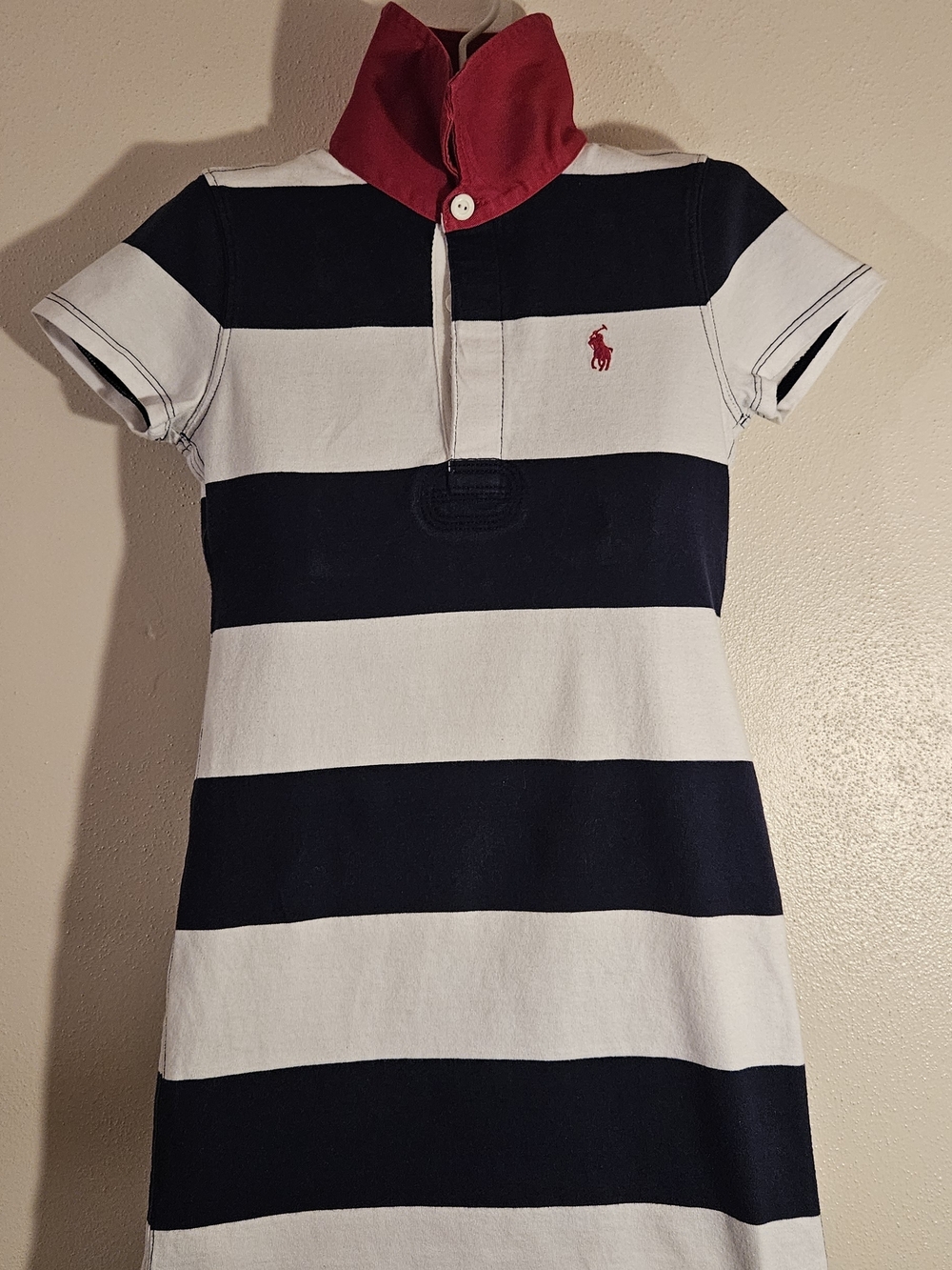 Ralph Lauren Navy & White Striped Polo Dress with Red Collar